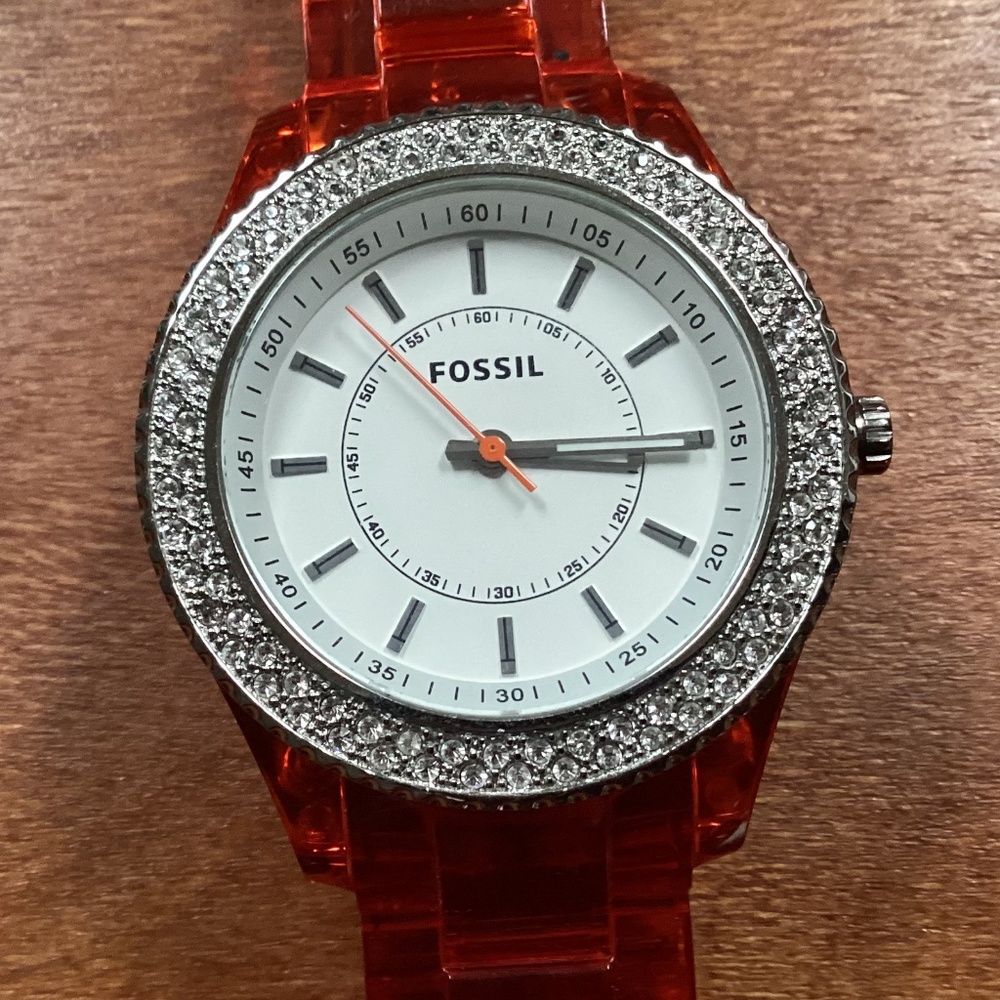 Fossil Stella Orange Acrylic Women’s Watch With Crystal Accented Bezel ES 2453
